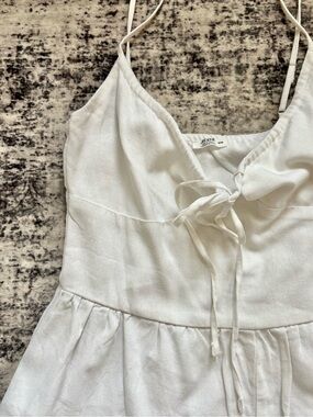 White Linen-Look Tie-Front Spaghetti Strap Romper Dress